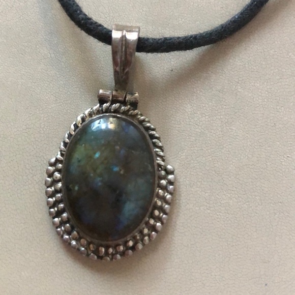 Labradorite set in sterling silver charm on braided cord necklace - Picture 1 of 12